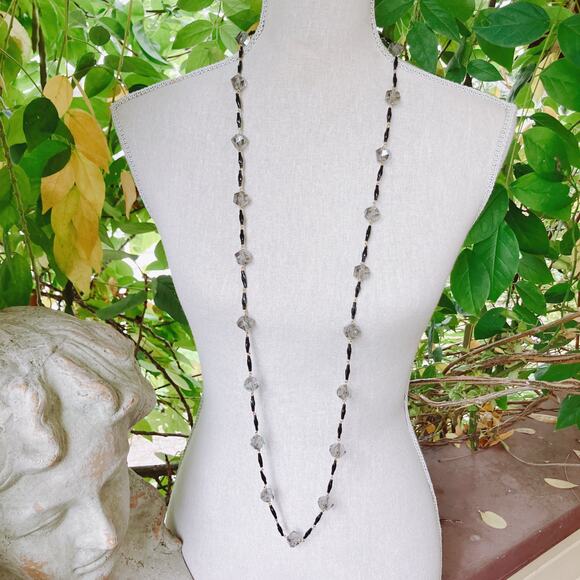 VTG West Germany 46" Smoky Gray Faceted Plastic Bead Necklace Glass Box Clasp - Picture 6 of 11